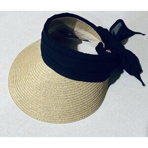 Vince Camuto Hat Womens One Size Black Chiffon Tie Bow Straw Visor Beachy Boho